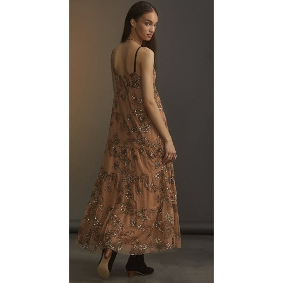 BY ANTHROPOLOGIE Sequined Tulle Midi Dress in Tan Peach Tiered Boho - Size S NWT - Picture 2 of 16